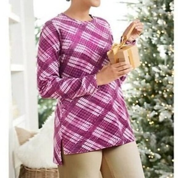 Denim & Co. Velour Top 2XP Plum Check Pullover Long Sleeve - Picture 1 of 11